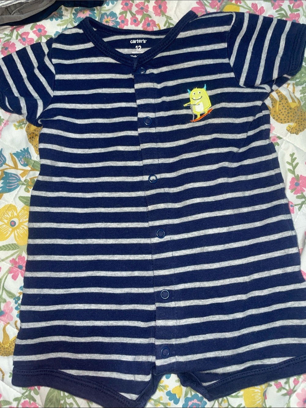 Carter's Navy and Gray Striped Short-Sleeve Romper with Yellow Monster